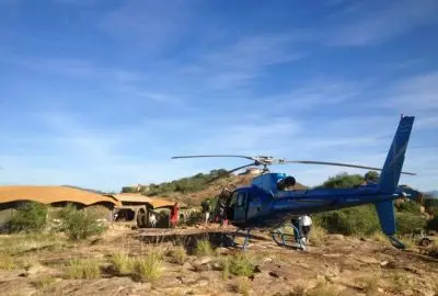 Helicopter on the airstrip beside a lodge in the Samburu bush