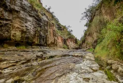 Sheer rock walls of a Rift Valley gorge above a dry streambed