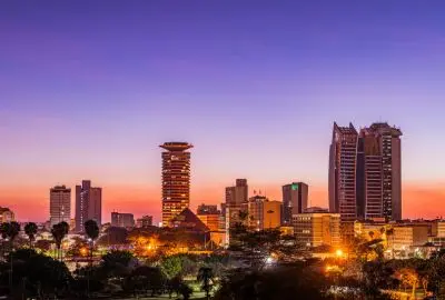 The Nairobi skyline glowing at dusk