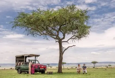 Safari vehicle and guests beside a lone acacia on the Mara plains