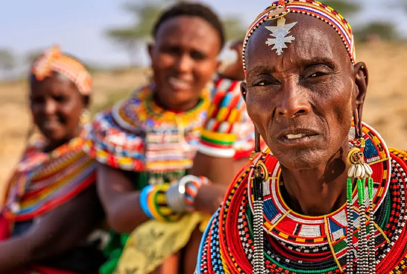 Samburu women in beaded collars and headdresses