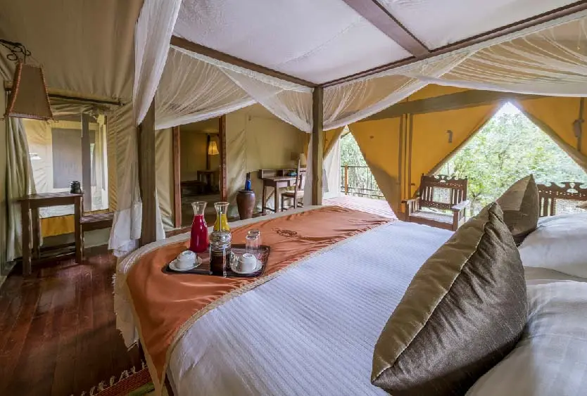 Mosquito-netted bed and a welcome tray inside a Mara tented suite